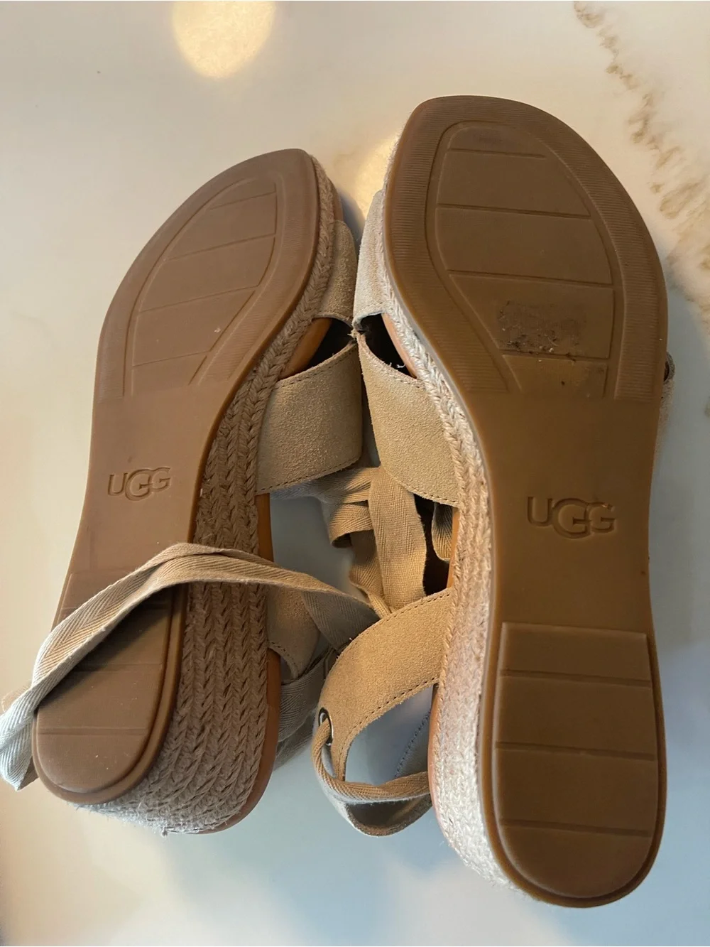 UGG Women's Light Beige Suede Espadrille Wedge Sandals with Ankle Wrap 12M